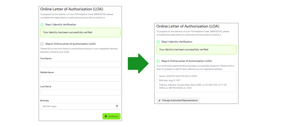 An online form showing a verified identity step, followed by the successful assignment of an authorized representative.